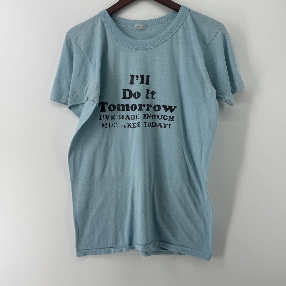 Vintage I'll Do It Tomorrow Slogan Graphic T-Shirt Blue Single Stitch Large